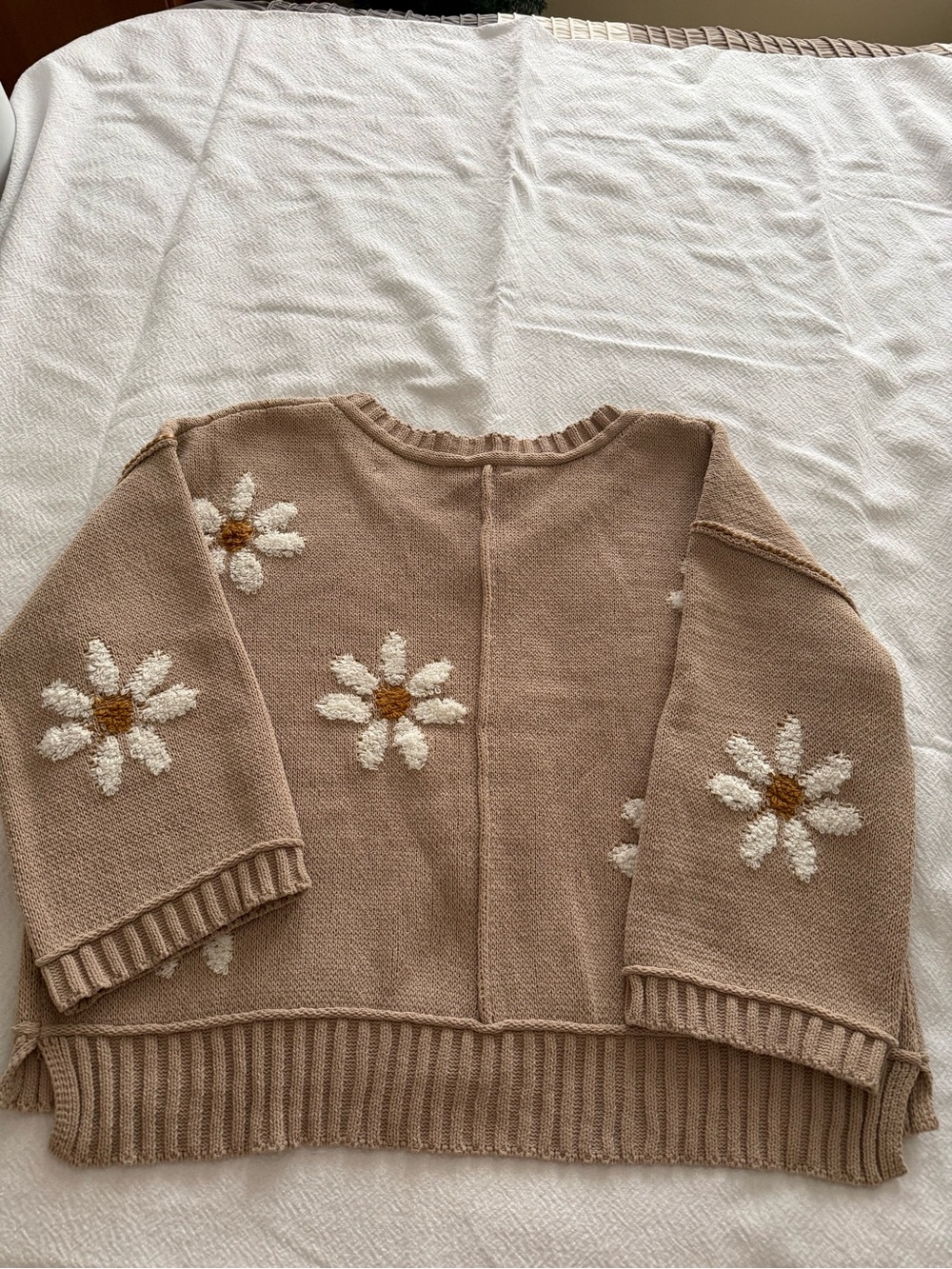 Miracle Taupe V-Neck Knit Sweater with White Daisy Embroidery - Picture 5 of 7
